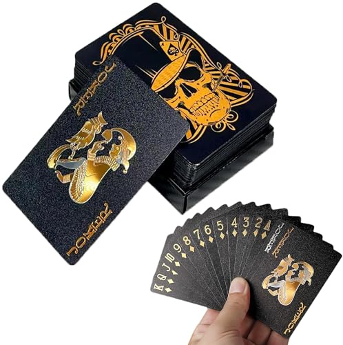 syiyunran Carte Da Poker Impermeabili In Plastica - Nero e Oro, 1 Mazzo, Teschi PET, Dimensioni 5,7 X 8,7 CM, Carta Creativa Lamina Faccia Smerigliata Poker, Resistenti Professionali