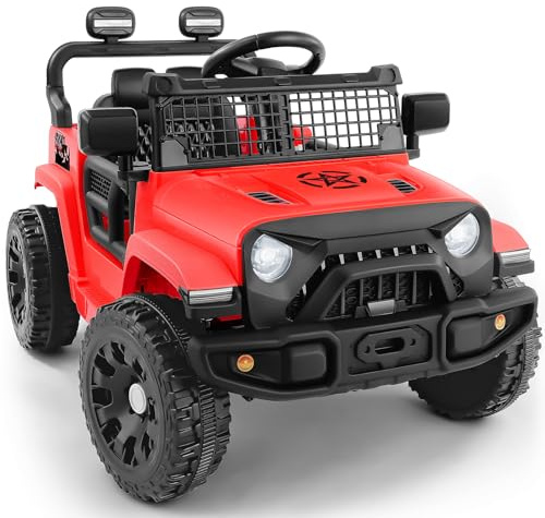 ELEMARA Electric Cars for Kids, Max 3.5MPH, 12V Ride On Toy Car W/Remote Control, Bluetooth, LED Lights, Shock Absorbers, Motorized Off-Road Truck, 3 Speeds Electric Vehicles for Child-Red