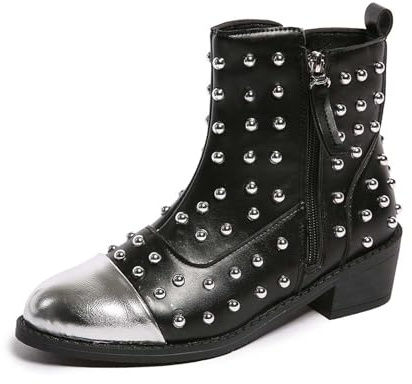 Stivaletti da donna 2026 alla caviglia con cerniera laterale, tacco basso grosso, punk, rock, borchiate, casual, alla moda, comodi, design durevole per l'uso quotidiano e abiti versatili, Argento, 37