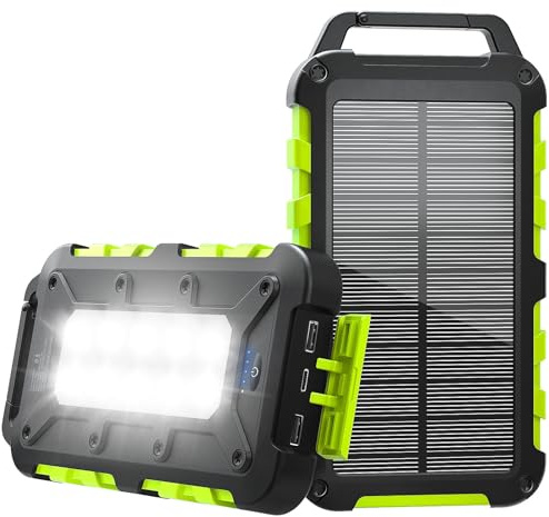 Solar Power Bank 10000 mAh PD 15 W Portable Solar Charger USB C Outdoor Waterproof External Battery with LED Light and 3 Outputs for Tablets Smartphones Outdoor Camping and More Green