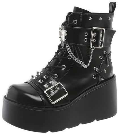 Jemnpela Botas de Plataforma para Mujer Tacón Grueso Estilo Gótico Punk Tobilleras con Cordones y Cremallera Suela de Cuña Zapatos para Halloween Cosplay Citas y Eventos