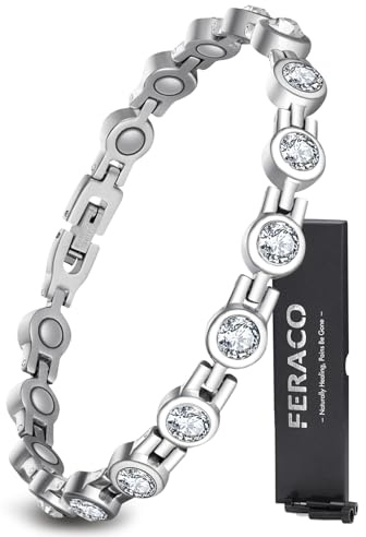 Feraco Magnetic Bracelet for Women Titanium Steel Magnetic Bracelets with Gorgeous Sparkling Cubic Zirconia Costume Jewelry Gifts (Silver)