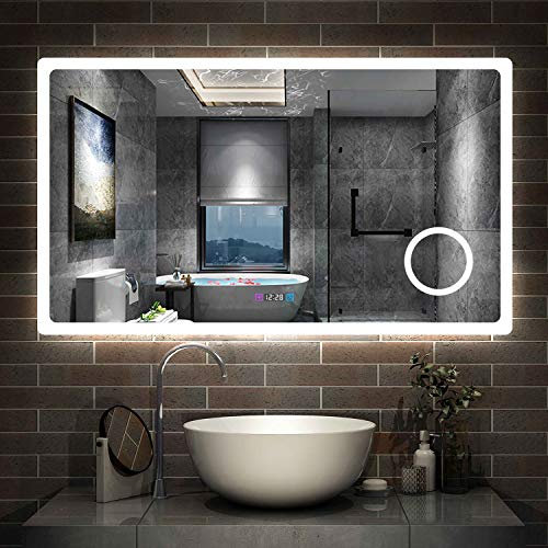 Aica Miroir de Salle de Bain 120cmx70cm avec LED Couleur et luminosité réglables + Anti-buée + Miroir grossissant + Horloge
