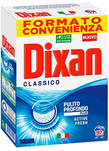 Dixan Classico Pulito Profondo Plus Active Fresh Detersivo in Polvere Smacchiante per Lavatrice Formato 5,82kg - 97 Lavaggi
