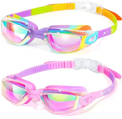 Water Space Kids Swimming Goggles, 2 Packs Swimming Goggles for Kids 3-14, Boys Girls Children Colored Swim Goggles Anti Fog,UV Protection,No Leaking