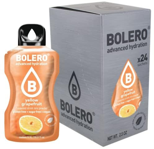 Bolero YELLOW GRAPEFRUIT 24x3g | Jus en poudre sans sucre, édulcoré à la stévia + vitamine C | pour enfants et sportifs | sans gluten, végétalien | saveur de pamplemousse jaune