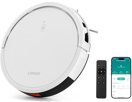 Linsar - Robot Vacuum - 3000 Pa, 100 min running time - For carpet, pet hair, hard floors - Robot hoover with charging station, remote control and app (White)