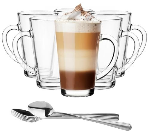 Glasmark KROSNO 1992 Juego De 6 Tazas De Café Con Asa 300 ml Vasos de Capuchino Latte Macchiato Té Vidrio Transparente Resistente Al Calor Con Cucharillas