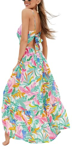 CUPSHE Women's Maxi Dresses V Neck Beach Sleeveless Cutout Ruffled Formal Spaghetti Straps Casual Long Summer Dress Pink Tropical, S