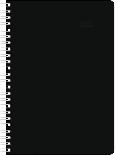 Zettler Wochenplaner Balacron schwarz A5 Ringbuch 2026 – Wochenkalender 15 × 21 cm, 1 Woche/2 Seiten, Ringbindung, Zeiteinteilung 7–22 Uhr, viersprachig, FSC-zertifiziert, robuster Balacron-Einband