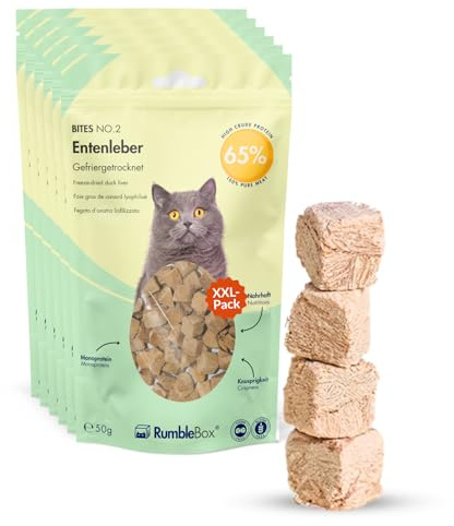 RumbleBox Snack liofilizados para Gatos – Envase XXL 100% hígado de Pato, monoproteico (1 ingrediente Natural), sin Cereales ni aditivos, Muy apetecible y digestible - 6 × 50 g