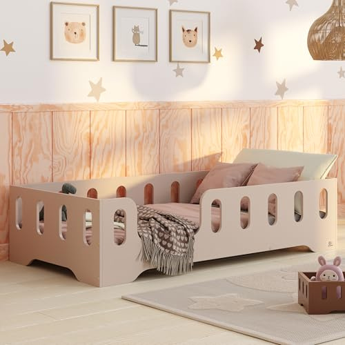 smartwood Golvsäng 60x120 Kashmir - Montessori Barnsäng i trä med FSC-certifikat - TILA 2L med fallskydd och ribbotten, belastningsbar upp till 230 kg - Enkel montering