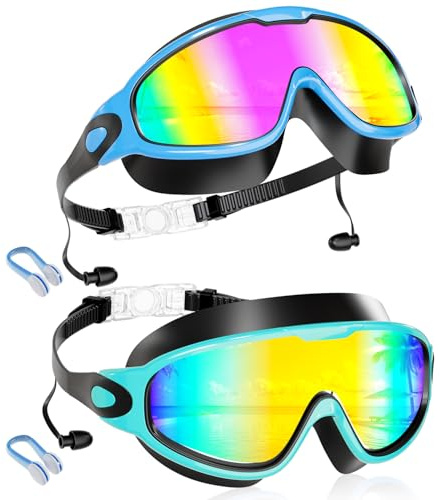 Aegend New Kids 2 Pack Wide View Swim Goggles, Anti-Fog/UV No Leak Goggles with Ear Plugs Kids 3-14