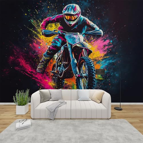 MMYAOKEN Papier Peint Panoramique Dirt Bike 250x175 cm - Décoration Murale Garçon Moto Cross Graffiti - Tapisserie Murales Papier Peint Intissé pour Chambre Salon - Poster Tableaux Photo Muraux