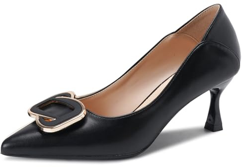 Décolleté Eleganti da Donna con Punta A Punta in Pelle Tacco Medio con Fibbia Metallica per Uso Quotidiano Ufficio Abito da Sera,Black(Heel:4cm),35 EU
