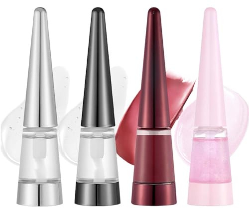 4 Stück Lipgloss Set - Lipgloss Mädchen - Lippenöl Lip Glos - Lip Oil & Lip Plumper - Feuchtigkeits Korean Make up, voluminisierende Formel, glattere Lippen, nicht klebrig（Schwarz-Silber-Rosa-Rot）