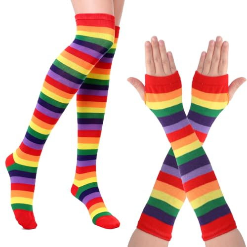 VerLuky Färgglada randiga overknees strumpor, regnbågshandskar, dam overknees strumpor och fingerlösa handskar, färgglad kostym för karneval cosplay, Färgglad 2, 35-42