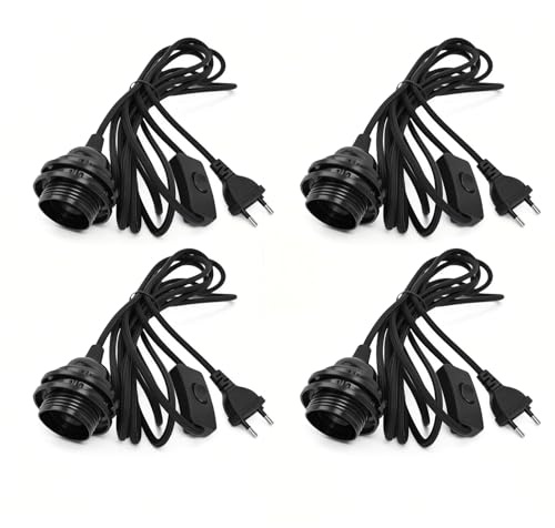 4 Pieces Douille de Lampe, Douille E14 avec 3,5 mètres Câble et Interrupteur, Douille pour Lampe, Douille Ampoule, Support de Lampe pour Suspensions, Lampes DIY, Noir