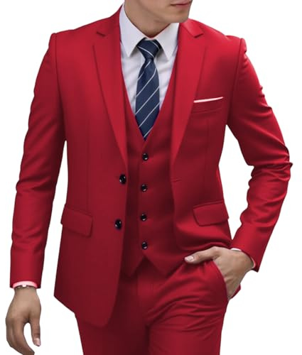Herrkostymer herr affärskostym set slim fit blazerbyxor formell bröllop värd prestanda outfit, Röd, M