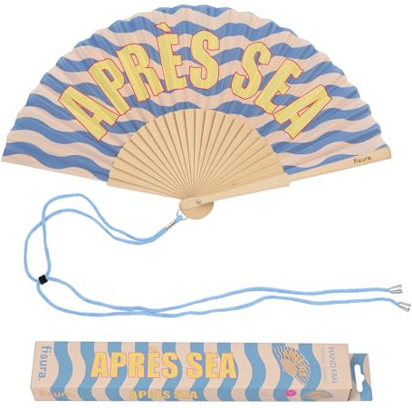 Fisura – Ventaglio Originale con Scritta “Après sea”, Ventaglio in Legno Moderno e Colorato con Onde Blu, Ventaglio a Mano con Laccetto Incluso, Idea Regalo Divertente, 42,5 x 23 cm
