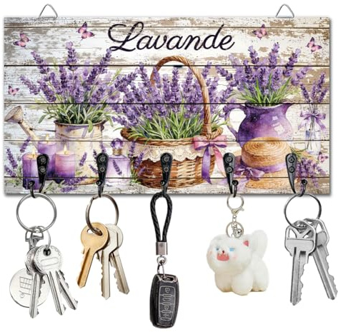 DELORIGIN Soporte para llaves de lavanda, velas perfumadas, organizador para colgar en la pared, sombreros de paja, estante de madera con 5 ganchos para entrada de casa, puerta delantera, cocina