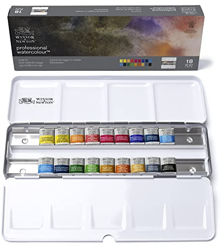 Winsor & Newton Acuarela profesional, Caja de metal 18 medio godets de acuarela profesional, colores surtidos, para acuarelistas y pintura en acuarela