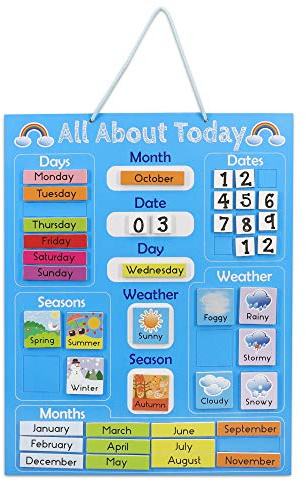 Navaris Kids Magnetic Calendar - Early Years Learning - Weather, Date, Month, Day, Season Educational Chart for Children - Kids Wall Board - Blue