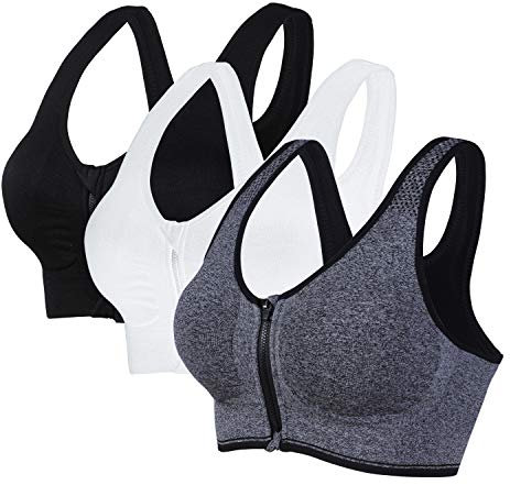 Vertvie Damen Zip Front Sport BH Vorderverschluss Push Up Ohne Bügel Bustier Running Bra Ringerrücken Strech Gepolstert Bralette für Fitness Yoga(Scwarz+grau+weiß,M)