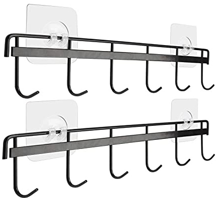 Kitchen Utensil Holder Hangers with 6 Hooks, No Drilling, 2 Pack, Black