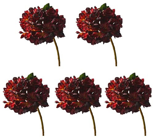 Atroy 5 flores artificiales de hortensia, color rojo oscuro, de seda sintética, vintage, con tallo, flores de hortensia falsas para ramos de bricolaje, decoración del hogar de boda