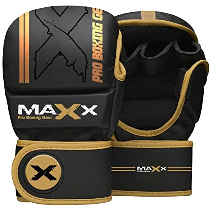 MAXX MMA Hybrid Sparring Gloves, Maya Hide Leather, Padded Mitts Martial Arts Kickboxing Muay Thai Training Cage, Men Adult, Punching Bag and Pads workout (M, Black/Gold)