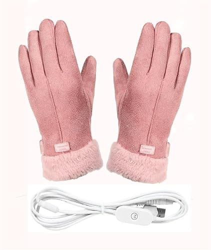 USB Heated Gloves Winter Electric Warming Gloves for Women, Thermal Heated Gloves, Hand Warmers for Girl, Waterproof Leather Heating Gloves for Riding, Cycling(Pink)