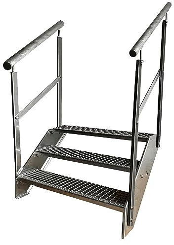 Kaminbau Mierzwa Premium Stahl Treppe Beidseitiges Geländer Verzinkt 3 Stufen (Breite 1000 mm) (Höhe 57 cm) Wetterfest Gitterroststufe Gartentreppe