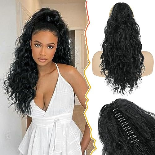 BARSDAR Ponytail Extension, Black Hair Claw Clip in Extensions Long Curly Wavy Hairpieces Drawstring for Natural Soft Synthetic Daily Use party (18'', Black), 18 Inch