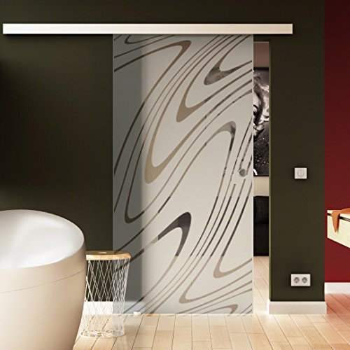 Made in Germany SoftClose Schiebetür aus Glas 775x2050 mm Wasser-Design Sadora® SlimLine-System komplett Laufschiene und Muschelgriffen für Innenbereich ESG-Sicherheitsglas hochwertige Qualität.