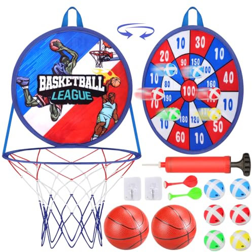 Basketballkorb für Zimmer,Dartscheibe Kinder Dart Mit 2 Ball,1 Pumpe,6 klebrigen Bällen,2 Darts Indoor/Outdoor Sport Fun Party Game,Spielzeug für 3-14 Jahren Jungen Mädchen Rot (Blau)