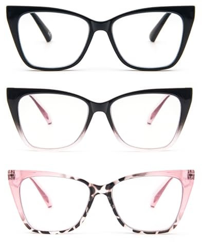 kollyseek 3 Pack Occhiali da Lettura Cat Eye Donna con Occhio di Gatto - Occhiali anti-blu Comodi e Alla Moda Grande(Nero e rosa,3.5)