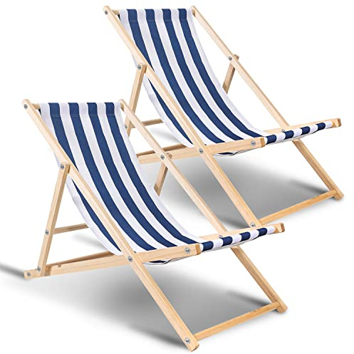 Hebitod Set di 2 sedie a sdraio pieghevoli in legno, portata massima: 120 kg, per spiaggia, campeggio, balcone, piscina, sedia pieghevole in legno, sedia da spiaggia, sedia da campeggio, colore: blu e
