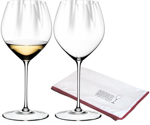 RIEDEL Performance Chardonnay - Copas de vino (2 unidades, 727 ml, cristal blanco, con gamuza limpiadora, 50 x 64 cm)