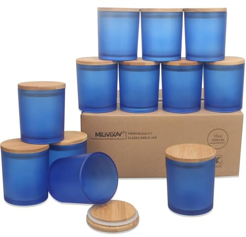 MILIVIXAY Lot de 12 pots à bougies vides en verre épais bleu givré de 283,5 g avec couvercles pour la fabrication de bougies – Conteneurs à épices, poudre