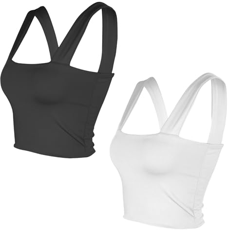 Dam 2-pack väst ärmlös strappy kort linne fyrkantig hals dubbla lager fitness vardaglig bas toppar, Svart-vit, XS