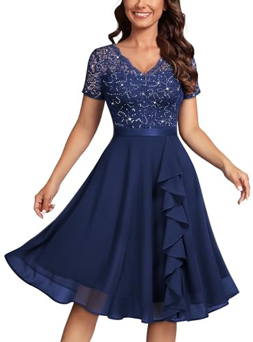MISSMAY Women's Vintage Floral Lace Sequin V-Neck Ruffle Cocktail Party Formal Fit and Flare Swing Dress (X-Large, Navy Blue)