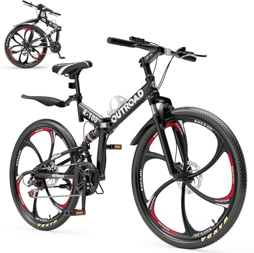 Max4out 26 inch Folding Mountain Bike, Carbon Steel Frame and 21 Speed, Double Disc Brake and Dual Suspension Folding Bike for Adults/Men/Women, Easy Assembly Bicycle(HM-Black)