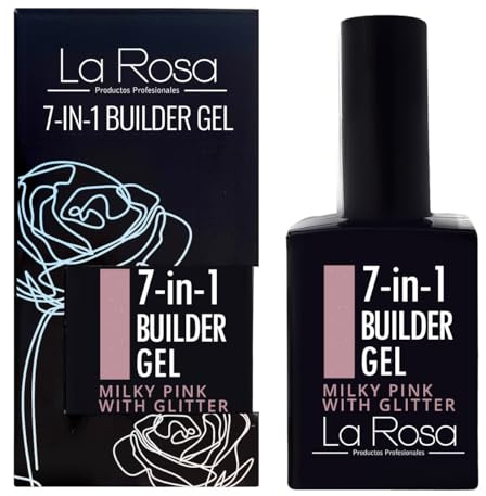 LaRosa 7-in-1 BUILDER GEL in a Bottle - UV Aufbaugel für Nageldesign und Nailart 15 ml - MILCHIGES ROSA MIT GLITTER