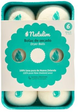 Natulim Bolas de Lana para Secadora 6 Pack XL - Suavizante de Tela Natural, Reutilizable, Reduce las Arrugas de la Ropa y Ahorra Tiempo de Secado - Solución Ecológica, Libre de Plástico, Cruelty-Free