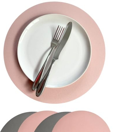 Set of Reversible Scandi-Style Round PU Leather Placemats by Stone & Thyme – a UK Brand. Nordic Colours, Heat-Resistant, Wipeable & Waterproof. (Rose Pink & Grey, Set of 4)
