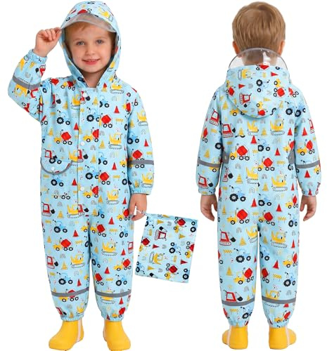 Baogaier Ragazzi Impermeabile con Cappuccio Bambini Tuta da Pioggia Leggero Tutto in Uno Giacche Tutina Antipioggia Poncho Giacca Impermeabili Abbigliamento 3-5 Anni, Auto Azzurra