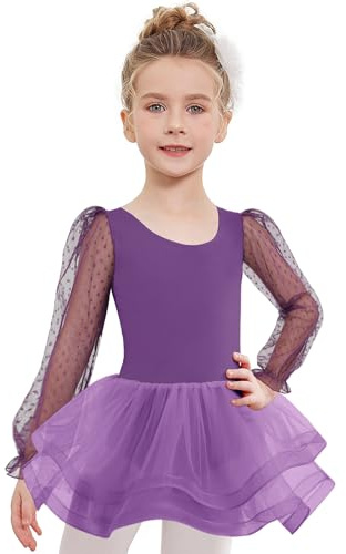 Arshiner Ropa de Ballet para niñas, Vestido de Ballet de Manga Larga abullonada para niños, Maillot de Danza Tutú, Vestido de Baile, tutú, Gimnasia Leotardos Algodón Body Clásico para Niñas, 2-8 años