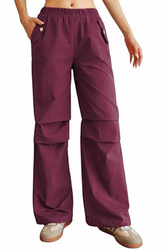 Nuofengkudu Urbano Pantaloni Donna Gamba Largo Resistenti 2 Tasche Vita Elasticizzata Tinta Unita Pull on Lavoro Piega Ginocchio Sportivo Antivento College Outdoor Autunno Inverno Bordeaux XL