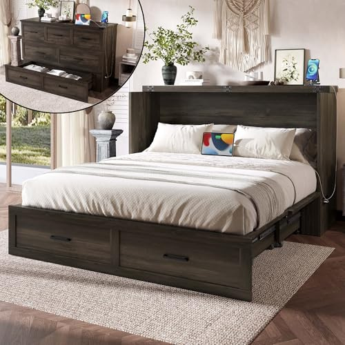 Ball & Cast Murphy Bed Queen Size Bed Frame with Charging Station,Murphy Bed Cabinet Foldable Platform Bed w/Large Storage Drawer,can be Folded,Slat Support,No Box Spring Needed,for Apartment,Gray